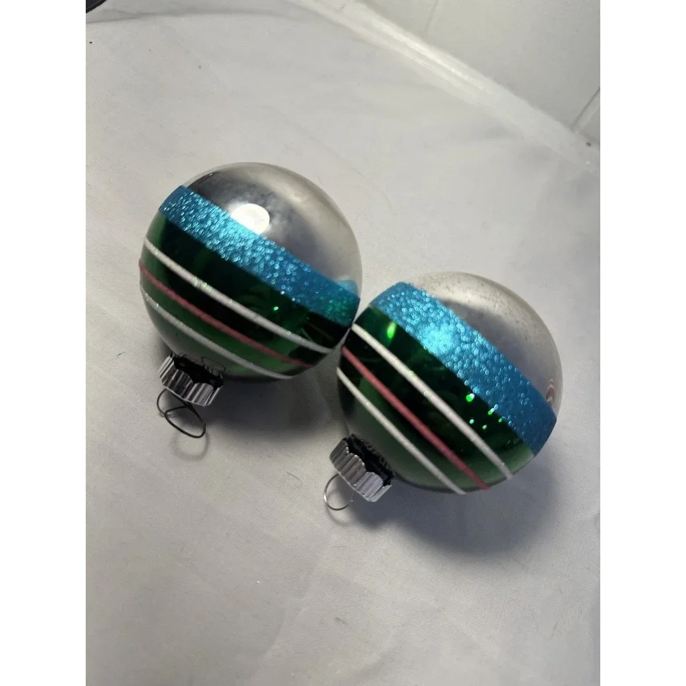 Vintage Radko Shiny Brite Green Striped Ball Glitter Ornament set Xmas‎ Tree (2)